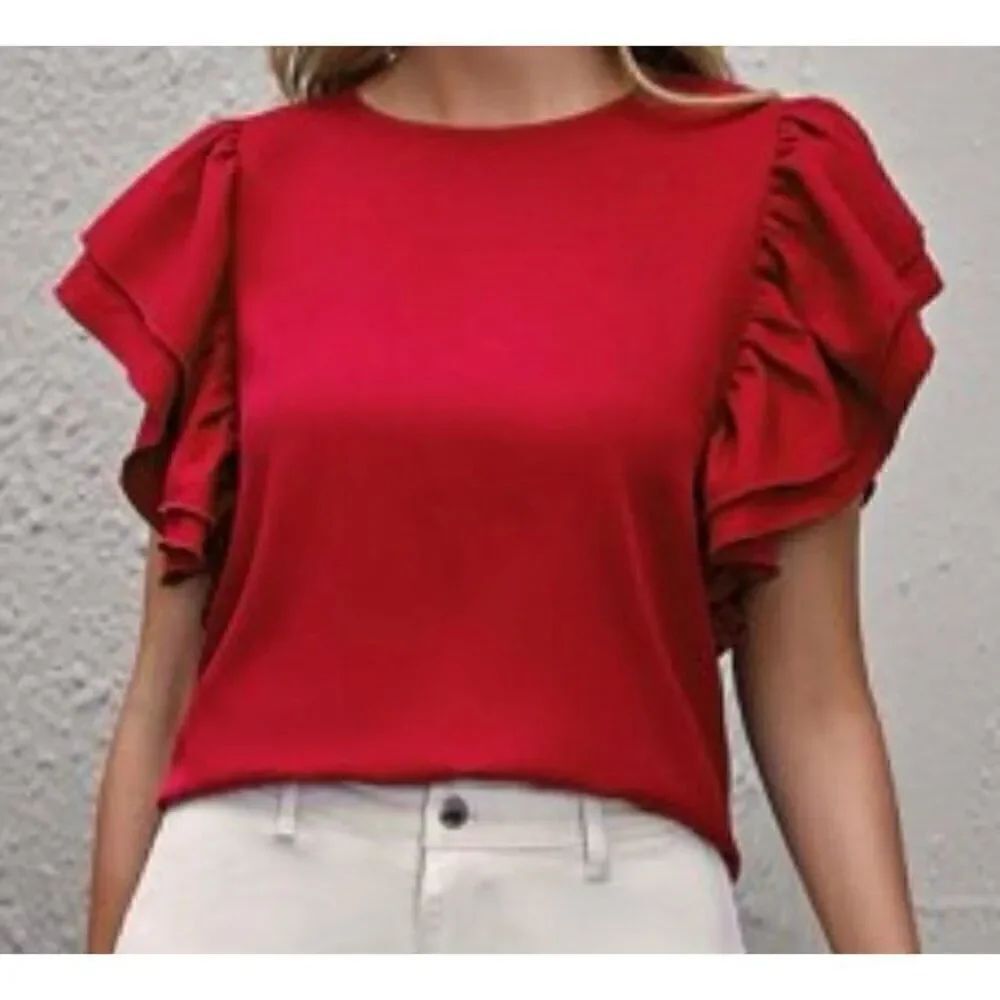 Women S red butterfly short sleeve boatneck blouse New without tags
